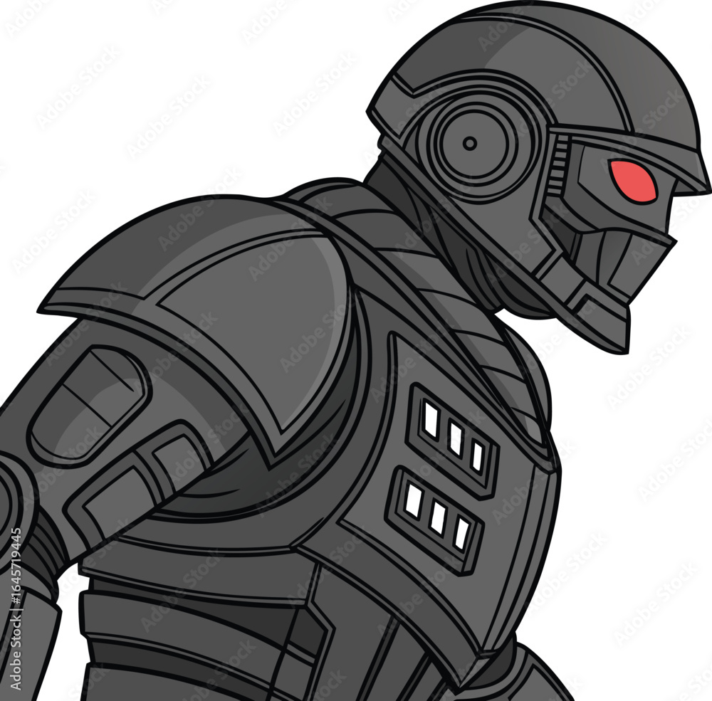 Poster futuristic ai security robot with advanced technology and a protective stance depicted in a front fa