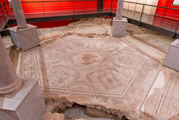 Octagonal patterned Roman mosaic floor at Mediana, surrounded by ancient ruins and museum display