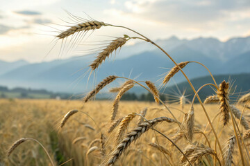 Golden wheat field with mountains in the background at sunset
