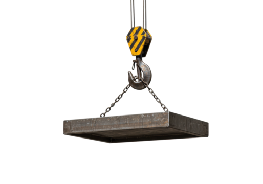 Heavy machinery lifting steel plate construction site industrial equipment outdoor engineering process. Cut out png