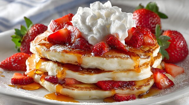 Delicious stack of pancakes topped with fresh strawberries, whipped cream, and syrup.
