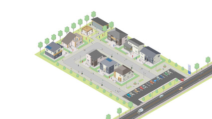 アイソメトリック図法で描いた住宅展示場のイメージ / Display home village. Isometric illustration