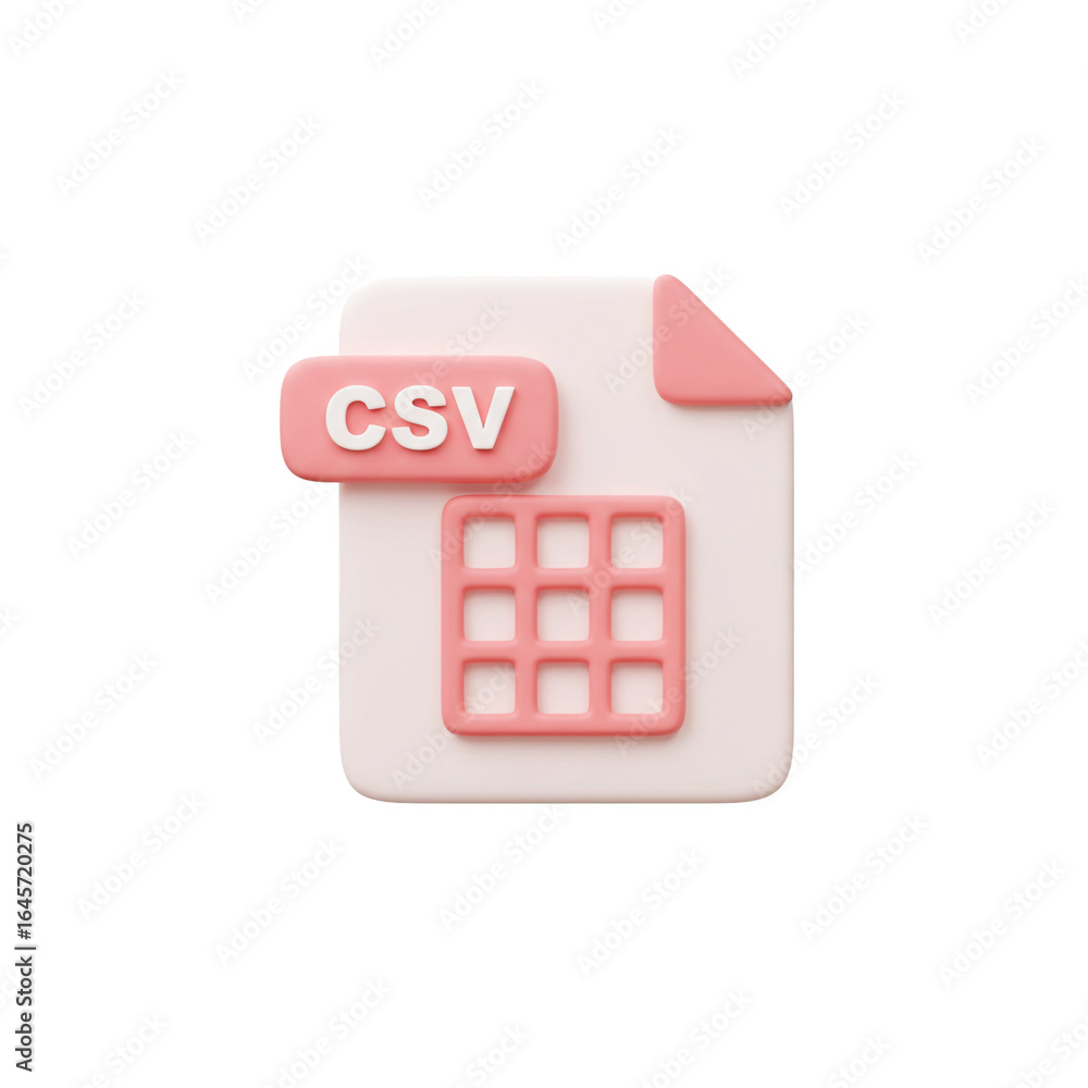 Poster a minimalist icon of a white document, featuring a pink 'csv' label and a grid, representing data fi