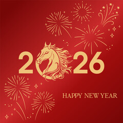Chinese New Year 2026 greeting card design. Year of the Horse. Golden Horse Chinese Zodiac Symbol with fireworks and stars. Gradient red background. Square composition.