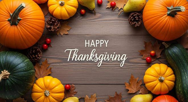 A warm Happy Thanksgiving greeting on a rustic wooden background is beautifully framed by a variety of pumpkins and autumn leaves a perfect design for a holiday card