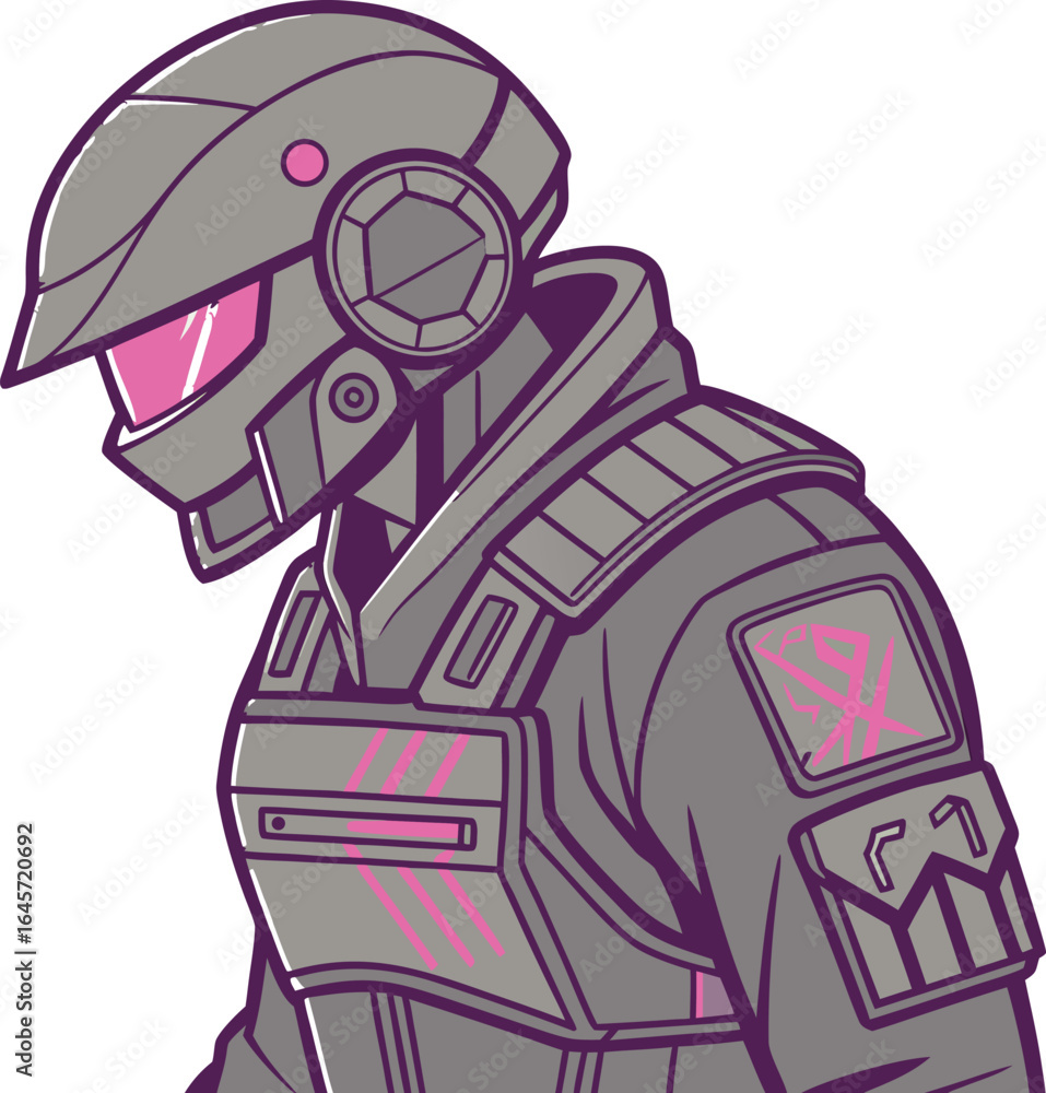 Poster futuristic cyberpunk enforcer character design with a bold front facing stance ideal for sci fi and 