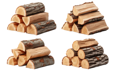 Four Piles of Cut Firewood Ready for Burning Outdoors, transparent background