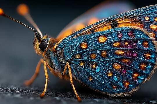 Intricate butterfly wings covered in shimmering dewdrops insect water droplets