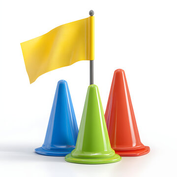 Football corner flags and training cones placed on a white background, showcasing their bright colors and structure, used for match setups and training drills.