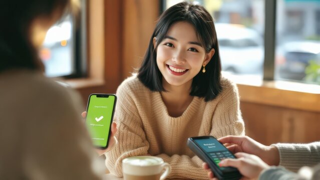 Young woman smiles while making contactless payment with her smartphone in a cozy cafe