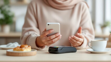 Woman using smartphone for contactless payment at cafe with coffee and pastry