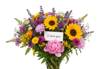 Flower bouquet with i love you note indoor setting floral arrangement colorful display romantic gesture. Cut out png