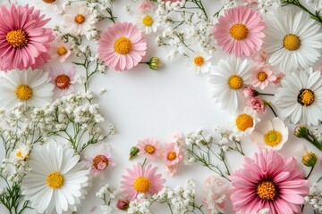 Fototapeta premium Colorful Arrangement of Pink Flowers and Delicate Greenery on a Soft Surface.