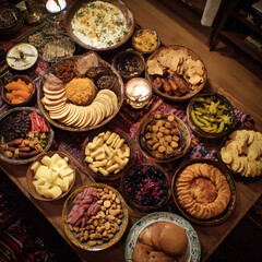 Traditional Eastern Feast with Assorted Snacks and Appetizers
