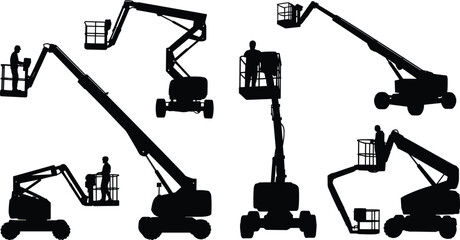 Silhouettes of boom lift machines with workers, construction platform vehicles, elevated aerial lifts for maintenance, industrial, engineering, and safety operations. © Titan