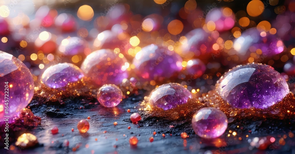 Aufkleber bubbles rest upon dark surface. vibrant colors, pinks, oranges create magical glow. bokeh effect add