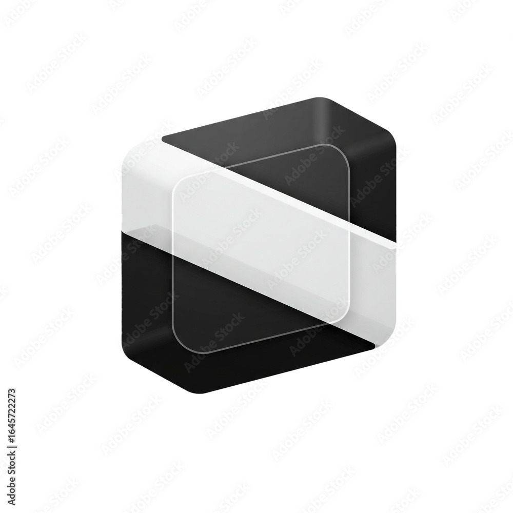 Poster a sleek three-dimensional rectangular block with a glossy black and a prominent diagonal white band,