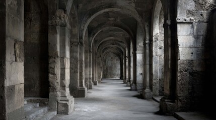 Obraz premium Serene Interior of Ancient Stone Archways in Dim Light