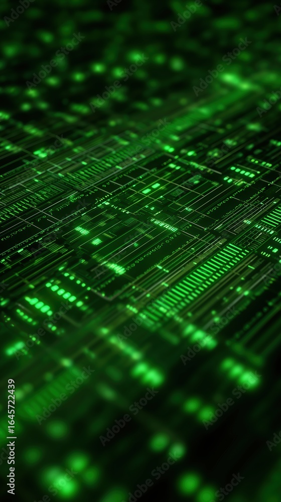 Aufkleber abstract close-up of intricate green glowing circuit board with electronic components, high-tech tec