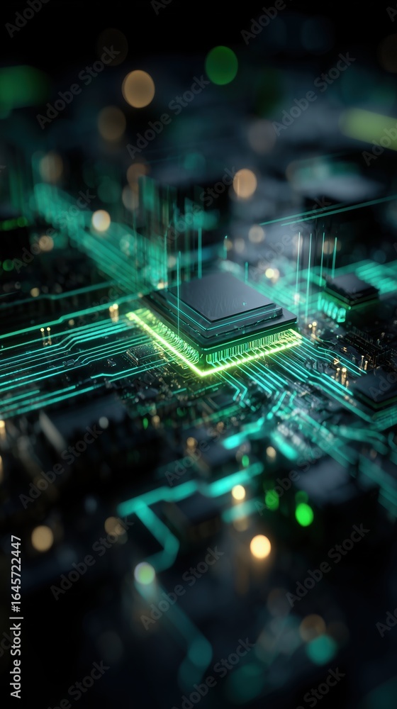 Aufkleber abstract close-up of intricate green glowing circuit board with electronic components, high-tech tec