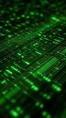 Fototapeta premium Abstract close-up of intricate green glowing circuit board with electronic components, high-tech technology background showcasing microchip patterns and light effects for digital wallpaper.