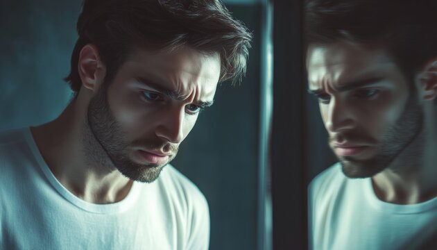 Depressed Man Gazing At His Reflection In The Mirror, Captured In A Portrait Of Deep Sadness And Discontent.