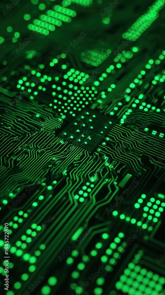 Aufkleber abstract close-up of intricate green glowing circuit board with electronic components, high-tech tec