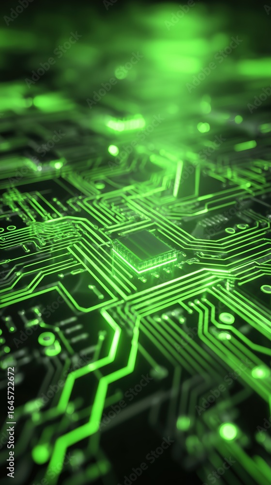 Aufkleber abstract close-up of intricate green glowing circuit board with electronic components, high-tech tec