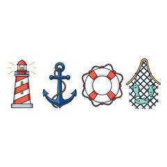Nautical and maritime icon set featuring a lighthouse, anchor, lifebuoy, and a fishing net. Flat design vector illustration for sea travel concepts.