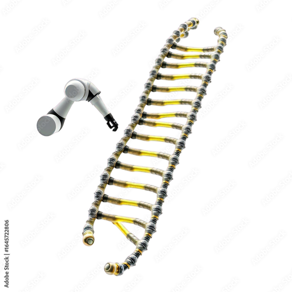 Poster a robotic arm is positioned next to a flexible, segmented ladder, suggesting advanced automation in 
