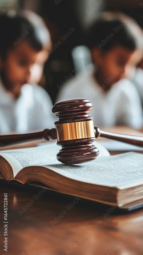 Poster young students learning about law with a gavel and an open book in a classroom setting