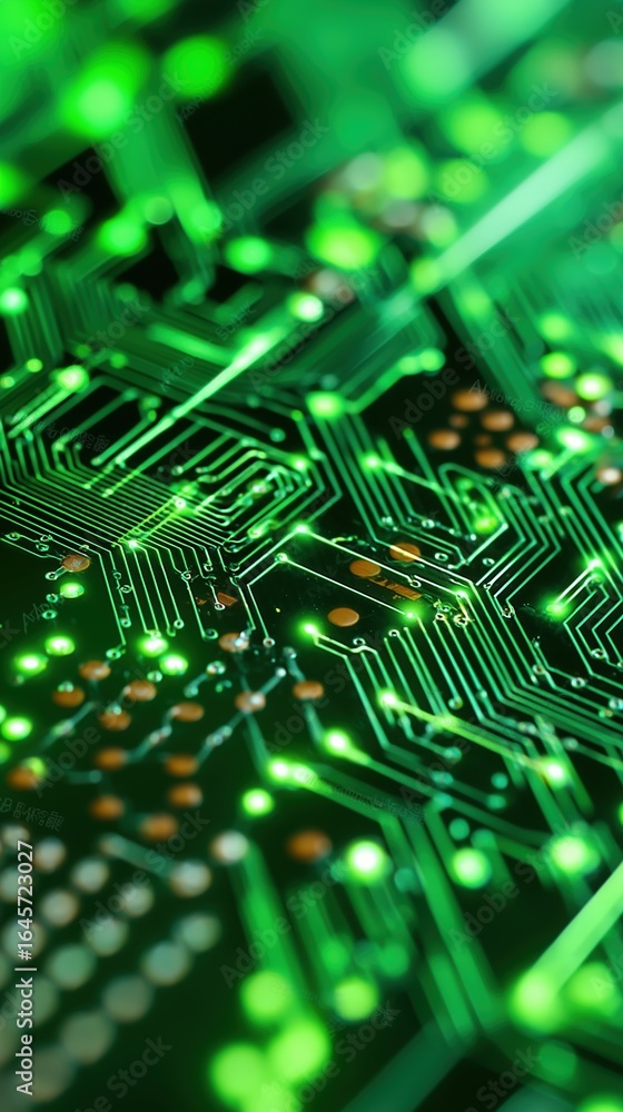 Aufkleber abstract close-up of intricate green glowing circuit board with electronic components, high-tech tec