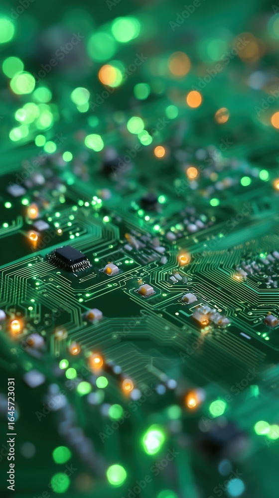 Aufkleber abstract close-up of intricate green glowing circuit board with electronic components, high-tech tec