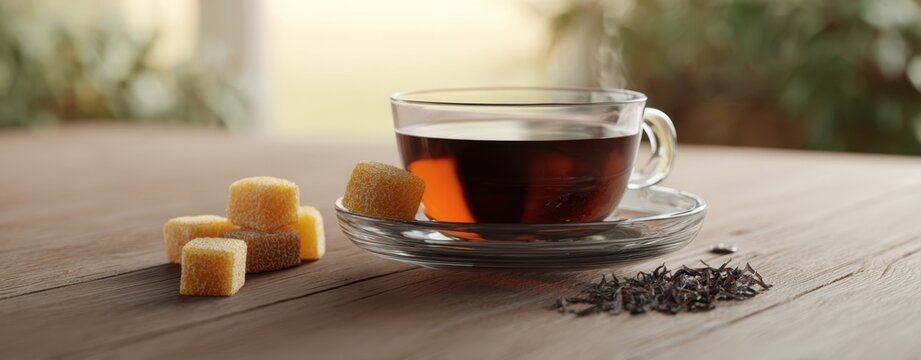 The Teacup of Tea on Wooden Table with Sugar Cubes and Leaves