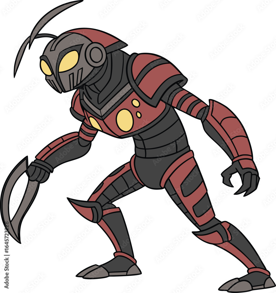 Poster futuristic insectoid artificial intelligence combat unit depicted from the front showcasing advanced