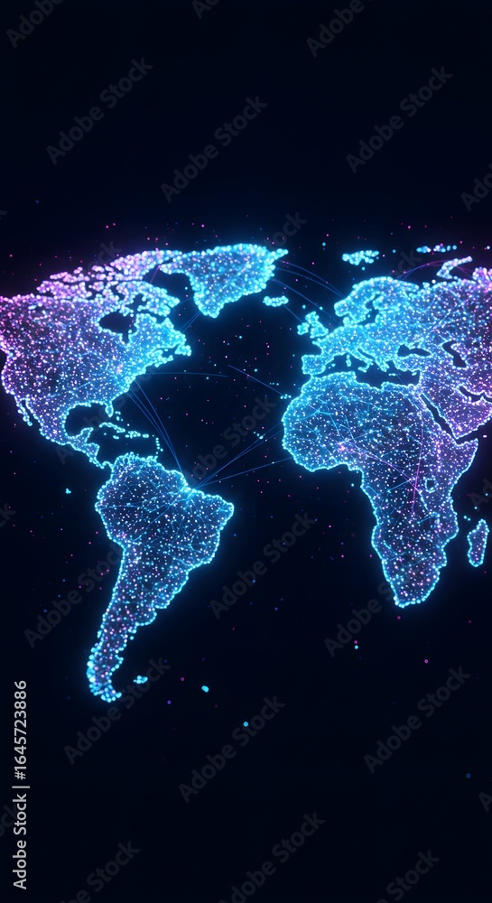 Poster a digital world map glows with interconnected nodes and lines, representing global networks and comm