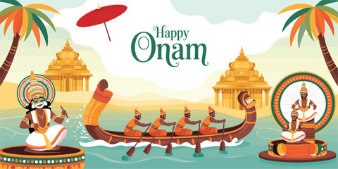 Traditional Onam festival illustration with Kathakali dancer, snake boat, King Mahabali, temples, palm trees, and Happy Onam text for Kerala celebration