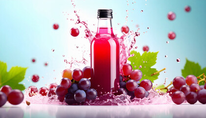 Fresh Grape Juice Bottle with Splashing Liquid and Ripe Grapes