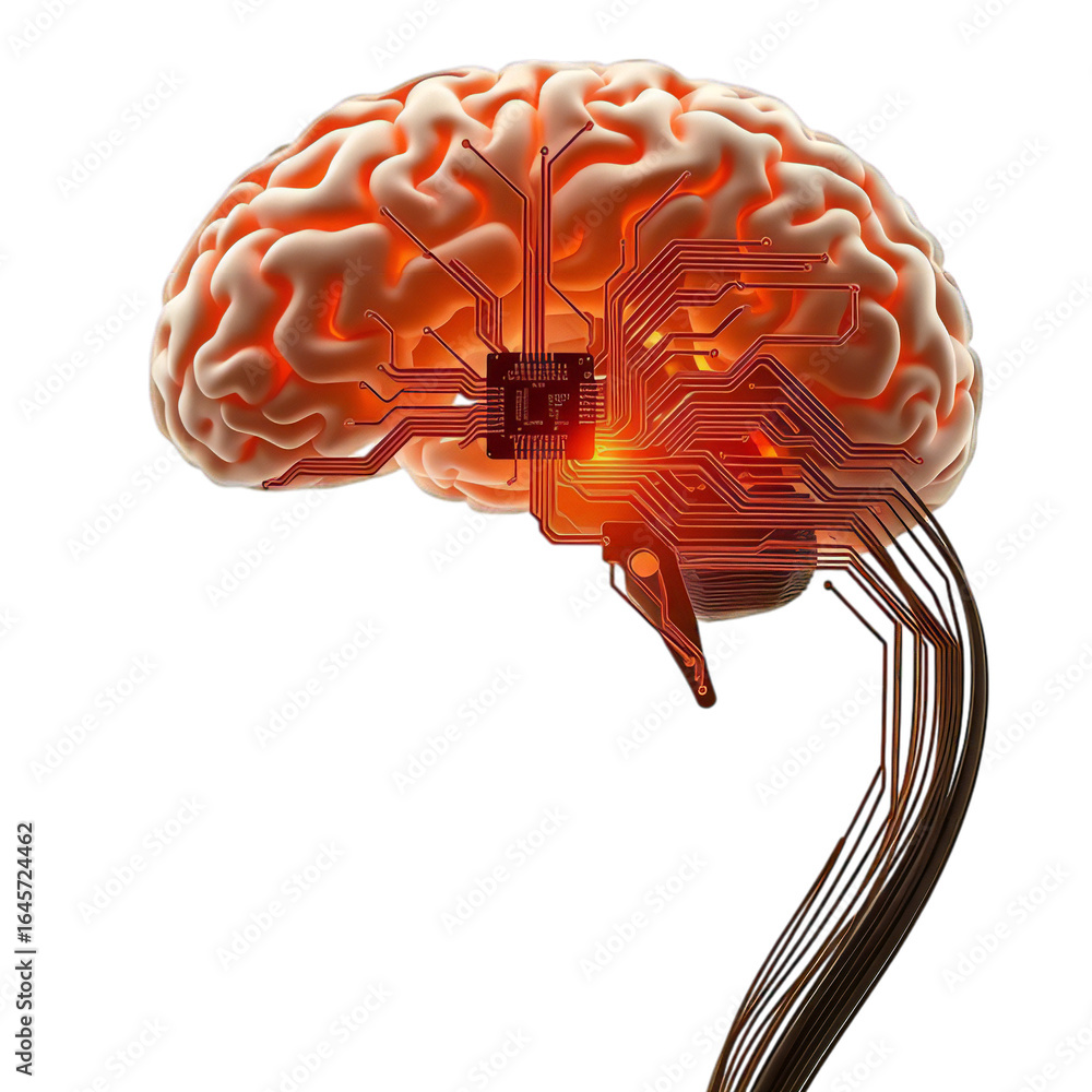 Poster anatomical human brain with integrated electronic circuits and a central processing chip, symbolizin