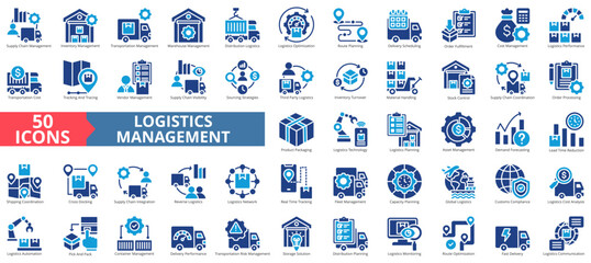 Logistics management icon set flat style collection. Containing supply chain, inventory, transportation, warehouse, distribution, optimization, planning, scheduling