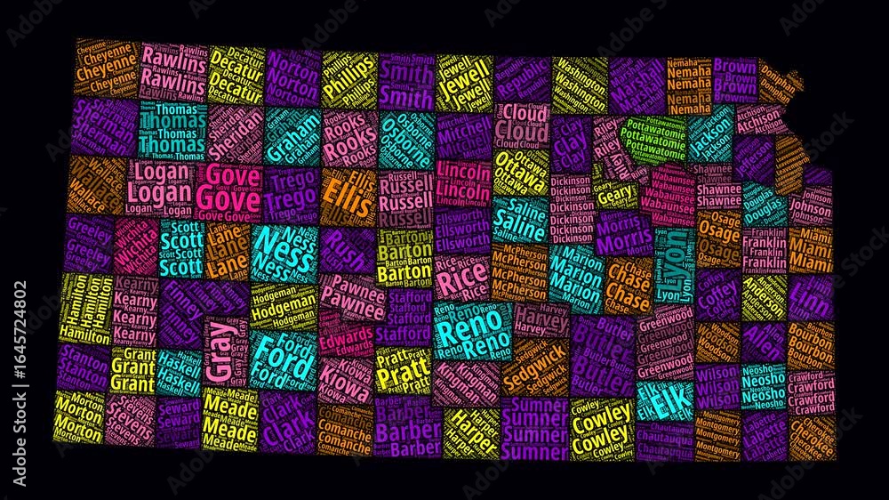 Poster kansas intro video. counties word clouds animation. kansas counties names in english language fading