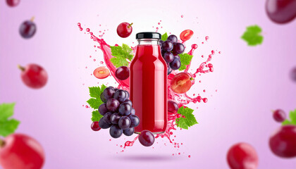 Fresh Grape Juice Bottle with Splashing Liquid and Floating Grapes on a Gradient Purple Background