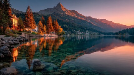 Majestic mountain landscape reflected in a serene lake during golden hour sunset with pine trees and a building