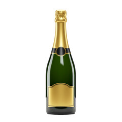A sleek, dark green glass bottle with a shiny gold foil top and a blank golden label stands upright, symbolizing elegance and festive occasions.