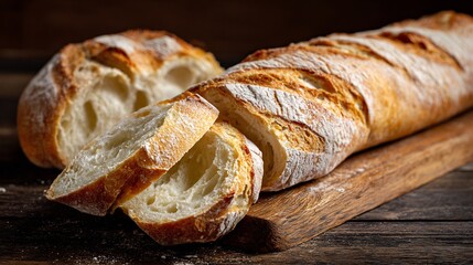 French baguette loaf fresh bakery crusty exterior soft interior sliced on wooden board