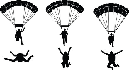 Skydiving silhouettes set, parachute jump, extreme sport icons, skydiver vector illustration, adventure, flying, freefall, parachuting, outdoor action, sky