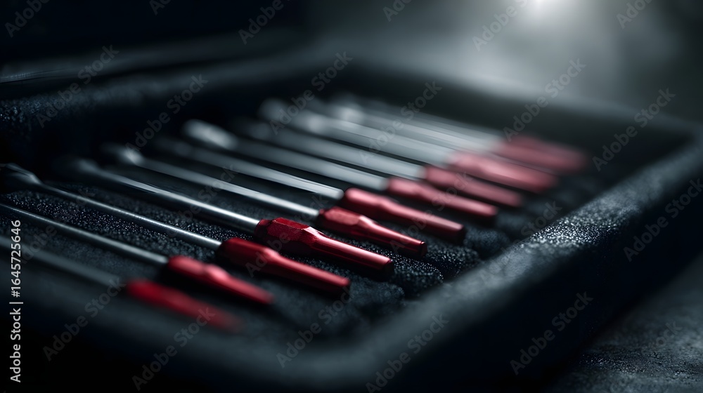 Poster a well organized set of screwdrivers in a toolbox under sharp lighting