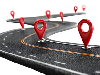  Curved winding road with red map markers white background