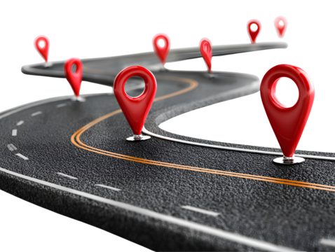  Curved winding road with red map markers white background