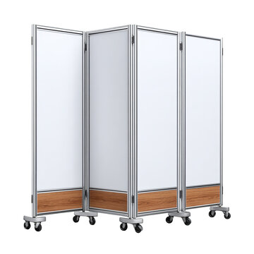 Versatile Mobile Partition Screen with White Panels and Wooden Base for Office and Event Space Organization